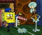 SpongeBob bir polis Squidward Tentacles için bir geçiş sorar gibi giyinmiş